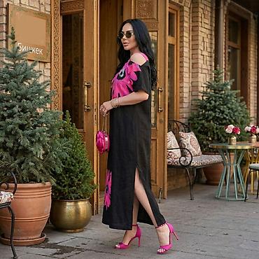 Повседневное платье, Лето, Длинная модель, Лен, Прямое, 3XL, 4XL, 5XL