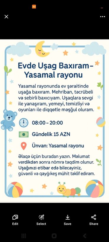 Inzibati heyət: “Yasamalda evdə uşaq baxımı işi, saat 8-20, günlük 15 AZN. Yalnız