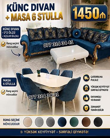 kunc divanlari ve qiymetleri: Künc divan + masa 6 stulla dəsti - Künc divan ölçüsü: 3×2 m - Açılan — 1