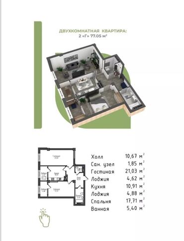 Продажа участков: 2 комнаты, 77 м², Элитка, 11 этаж, ПСО (под самоотделку)