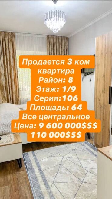 снять жилье в кыргызстане: 3 комнаты, 64 м², 106 серия, 1 этаж, Евроремонт