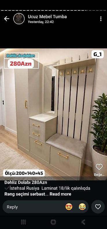 Dəhliz dolabı – 280 AZN Ölçü: 200×140×45 sm Material: 18 mm lalafo.az -da Dəhliz dolabı – 280 AZN Ölçü: 200×140×45 sm Material: 18 mm