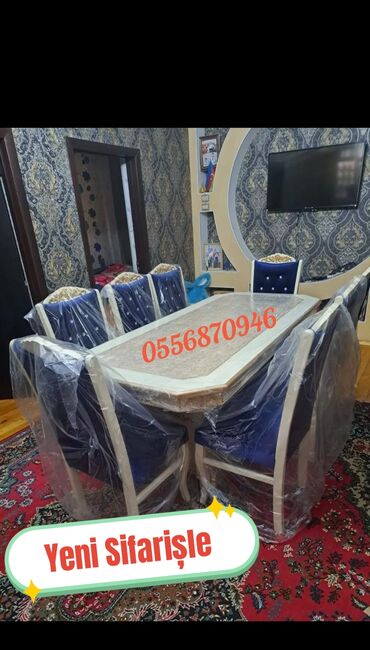 Masa və oturacaq dəstləri: Qonaq otağı üçün, Yeni, Açılmayan, Dördbucaq masa, 6 stul — 15