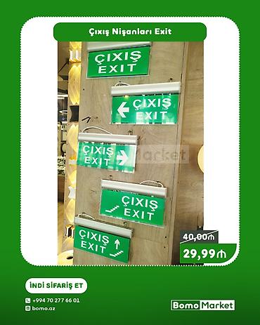 Рекламные щиты: Çıxış (EXIT) nişanları – müxtəlif istiqamət və simvollarla işıqlı — 1