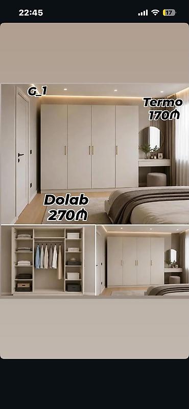 termo: Yataq otağı üçün müasir dizaynlı ağ qarderob və termo dəst. Şəkildə 4 — 1