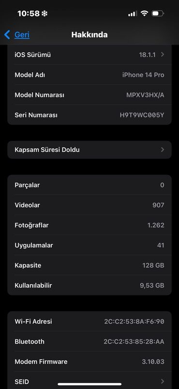 Apple iPhone: IPhone 14 Pro, 128 GB, Deep Purple, Barmaq izi, Face ID