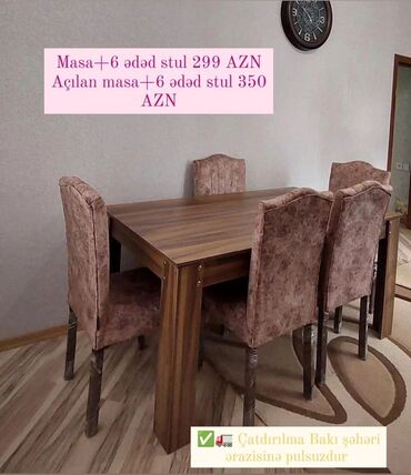 oturma otağı üçün döşəməli mebel: Qonaq otağı üçün, Yeni, Açılmayan, Dördbucaq masa, 6 stul, Azərbaycan