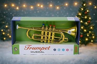 Muzički instrumenti za decu: Muzička truba – dečja igračka - Sjajna zlatna truba u kutiji “Trumpet — 4