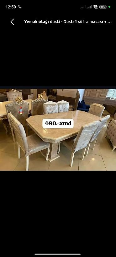 mebel stul: Yemək otağı dəsti - Tərkib: 1 süfrə masası + 6 stul - Stil — 1