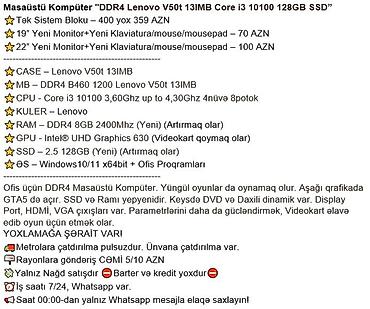 Masaüstü kompüterlər və iş stansiyaları: Masaüstü Kompüter “LENOVO” Parametrlər aşağıda qeyd edilib ⭐KOMPLEKT — 2