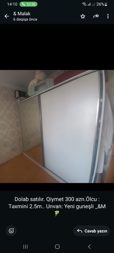 Divanlar: Dolab satılır. Qiymet 300 azn.Ölcu : Təxmini 2.5m. Unvan: Yeni