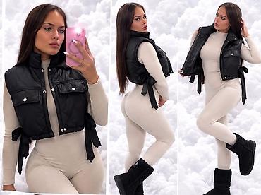Prsluci: Ženska kratka puf jakna/prsluk – crna - Trendy cropped kroj do struka — 2