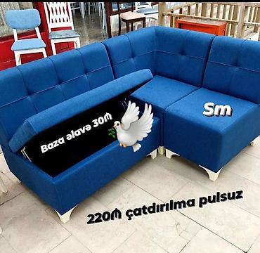 Mavi rəngli künc divan dəsti - L‑şəkilli dizayn, iki parçadan ibarət
