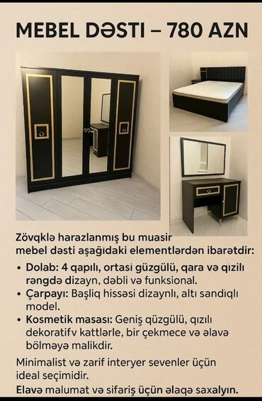 Yataq otağı dəstləri: 2 təknəfərlik çarpayı, Dolab, Tumba, 2 tumba, Azərbaycan, Yeni