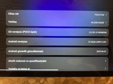 Digər planşetlər: 6 ay istifadə olunub. POCO Pad planşeti güclü performans və geniş