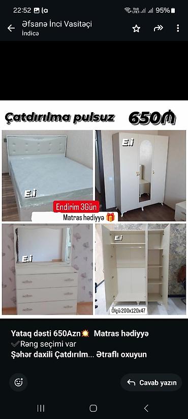 bagca mebel: *Yataq dəsti 650Azn💥 Matras hədiyyə* ✔️Rəng seçimi var *Şəhər daxili — 3