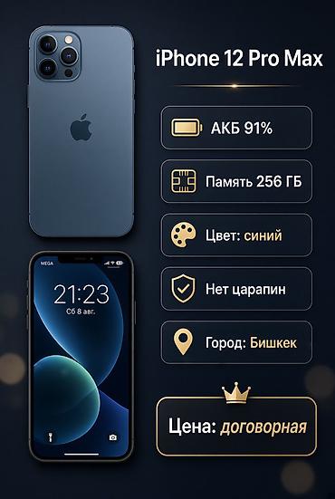 IPhone 12 Pro Max, Б/у, 256 ГБ, Pacific Blue, Зарядное устройство, Чехол, Коробка, 91 %