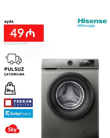 qabyuyan masinlar: Paltaryuyan maşın Hisense, 9 kq, Yeni, Avtomat, Qurutma var, Kredit var, Pulsuz çatdırılma