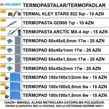 Masaüstü kompüterlər və iş stansiyaları: ⭐Termopad 100x100x0,5mm 6w – 15 AZN ⭐Termopad 100x100x1mm 6w – 15 AZN