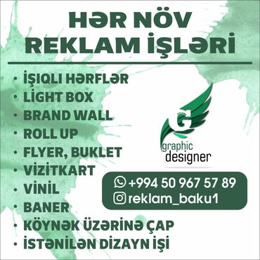 hər növ reklam işləri: Hər növ reklam işləri görülür Vizitkart, flyer, buklet, banner, vinil