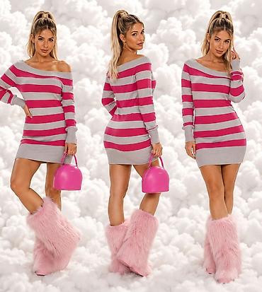 levis papuce: Ženska pletena mini haljina – prugasti dizajn - Model: mini dužina — 3