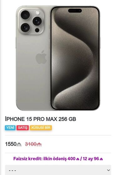 telefon case: IPhone 15 Pro Max, 256 GB, Zəmanət, Kredit, Sənədlərlə