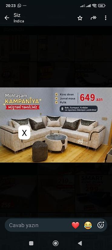 Möhtəşəm kampaniya dəsti: - Künc divan - Jurnal masa - Pufik Yumuşaq