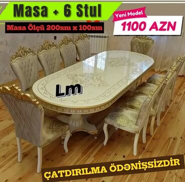Masa və oturacaq dəstləri: Qonaq otağı üçün, Yeni, Açılmayan, Dördbucaq masa, 6 stul