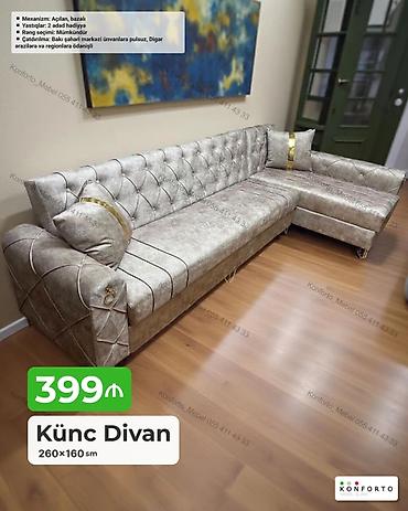 Divanlar: Künc divan – 260×160 sm - Mexanizm: açılan, bazalı (yataq funksiyası — 1