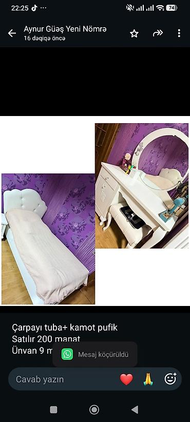 Çarpayı tuba+ kamot pufik
Satılır 200 manat 
Ünvan 9 mkr
Aynur günəş