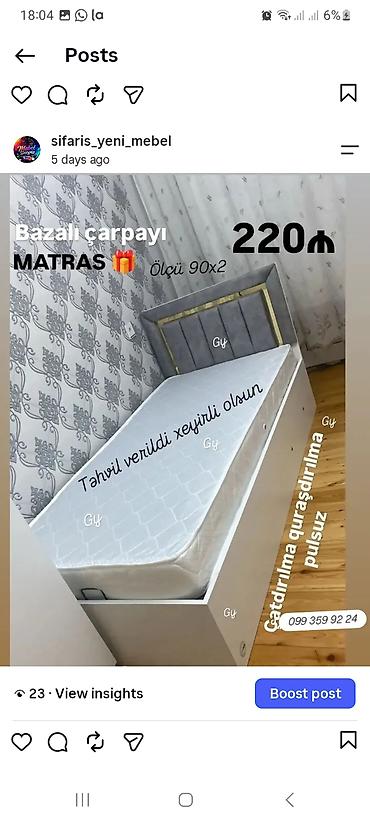 Çarpayılar: Bazalı çarpayı – ölçü 90x200 sm. - Başlıq hissəsi yumşaq, vertikal — 1