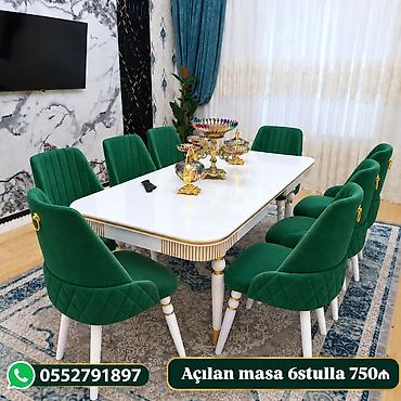 Açılan masa dəsti – 6 stul ilə birlikdə. - Masa: parlaq ağ üst
