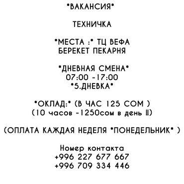 жумуш бишкек техничка: Талап кылынат Тазалоочу, Төлөм Жума сайын