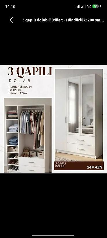 Dolablar: 3 qapılı paltar dolabı Ölçülər: - Hündürlük: 200 sm - En: 120 sm - — 1