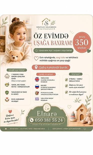 ev təmiri qiymətləri: Uşağa baxım xidməti – ev şəraitində, Qobu kəndində - Yaş qrupları: 1 — 1