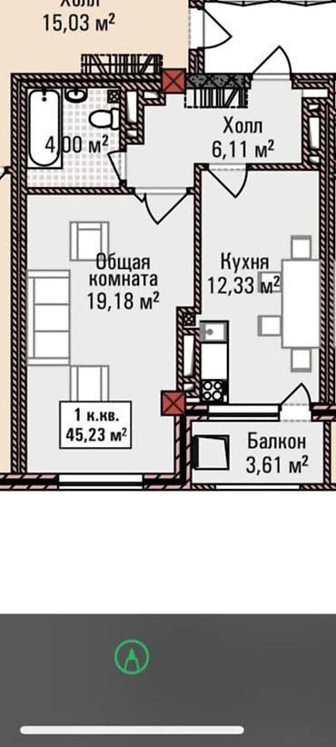 сулайман тоо: 1 бөлмө, 45 м², Ош базары Элитка, 11 кабат, ПСО (өз алдынча бүтүрүү) — 3