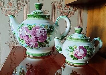 чайник мельхиор: Фаянсовый чайный дуэт (самовар-чайник + заварник) с ручной росписью — 1