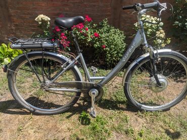 bicikli sa prednjim i zadnjim amortizerima: Električni bicikl Vital Bike u srebrnoj boji. Ima ram standardne