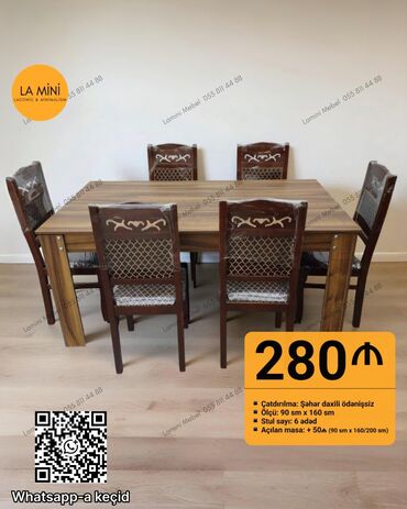 барные стулья: Qonaq otağı üçün, Açılan, Dördbucaq masa, 6 stul