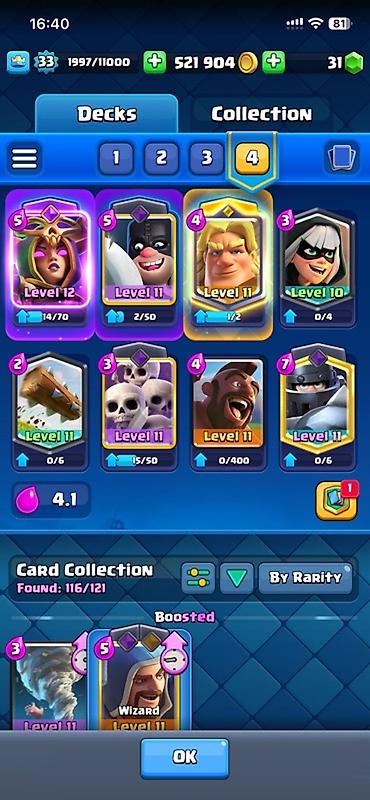 Kolleksiya kartları: Clash Royale hesabı - Kral səviyyəsi: 33 (1997/11000 XP) - Kupa: 6885 — 2