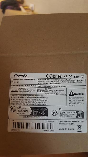 max co: Məhsul: Ourlife WiFi Repeater (Model: U13) Xüsusiyyətlər: - 2.4 GHz — 2
