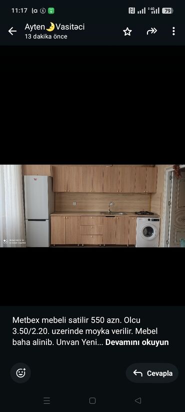 setqa kravat: Metbex mebeli satilir 550 azn. Olcu 3.50/2.20. uzerinde moyka verilir