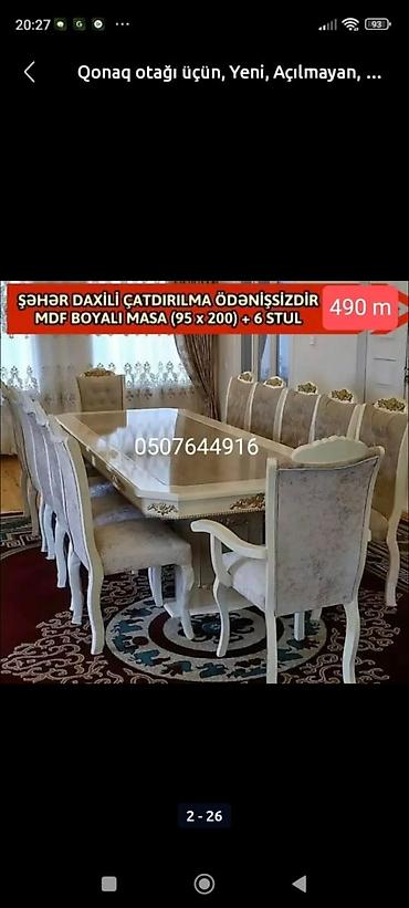 tek stolar: Qonaq otağı üçün, Yeni, Açılmayan, Dördbucaq masa, 6 stul — 6
