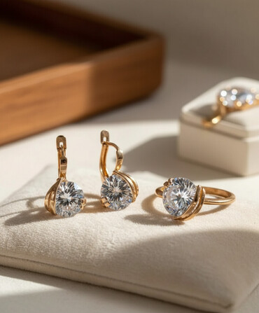 Наборы украшений: Позолоченный ювелирный комплект кольцо и серьги с фианитом. Комплект — 1