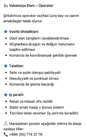 telefon temiri merkezi: Çağrı mərkəzi operatoru tələb olunur — 1