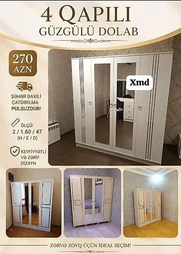 qorka mebel: 4 qapılı güzgülü dolab - Ölçü: 2 / 1.60 / 47 (H/E/D) - Material və — 1