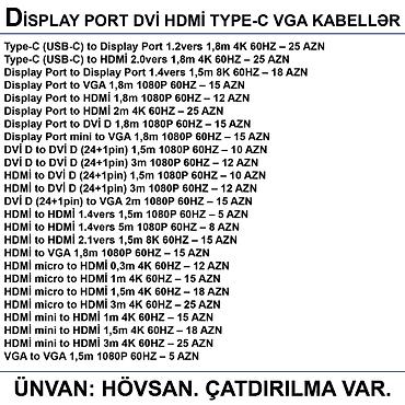 display: HDMİ DVİ VGA Display Port Type-C USB Kabellər 📍Ünvan: Bakı şəh — 2
