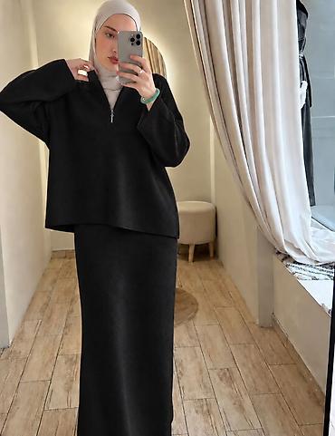 одежда для беременных женщин: Костюм-двойка в стиле modestwear: вязаный свитшот на молнии + длинная — 4