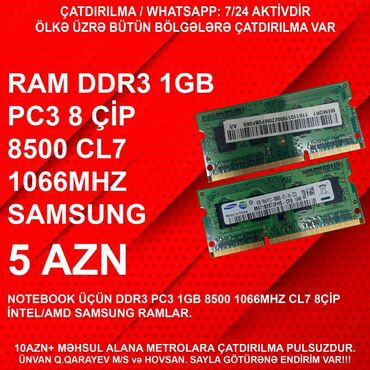 Masaüstü kompüterlər və iş stansiyaları: Operativ yaddaş (RAM) 1 GB, 1333 Mhz, DDR3, Noutbuk üçün, İşlənmiş