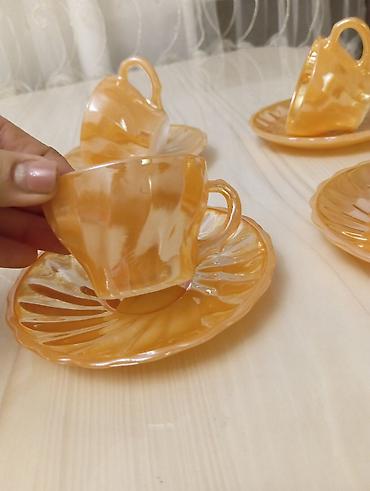 almaniyada saat: Çay dəsti, rəng - Narıncı, Şüşə, 6 nəfərlik, Almaniya — 4